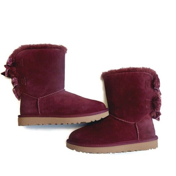 UGG Bailey Bow Crushed Velvet Suede Boots Womens Size 6 Wine Grape 1138171 - Picture 10 of 11
